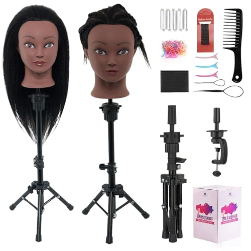 18" Mannequin Head Human Hair with Stand - 100% Real Human Hair Mannequin Head for Braiding, Cosmetology Manikin Doll Head for Hair Styling with Tripod Stand Table Clamp Hair Braiding Set