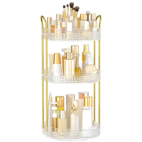 Rotating Makeup Organizer for Vanity 3 Tier, Perfume Organizer with Makeup Brush Holder, Large Capacity Cosmetics Clear Skincare Organizer for Countertop (Transparent)