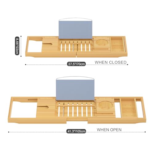 Luxury Bamboo Bathtub Tray - Wooden Expandable Caddy with Book, Tablet, Wine Holder - Gift Idea