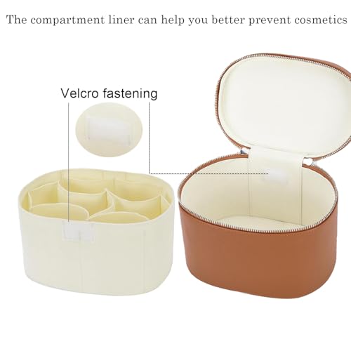 Leather Make Up Bags With Compartments, Brown travel Cosmetic Bags for Women, Parallel Makeup Travel Bags Organizer Equipped With a Detachable Divider