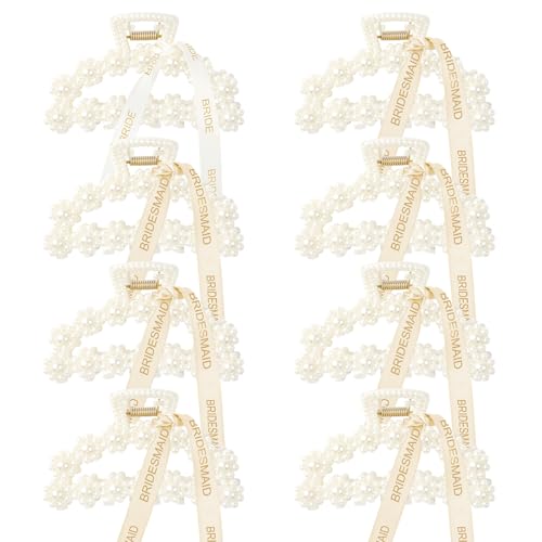 DEEKA Bridesmaid Proposal Gifts 8 Pack Pearl Bridesmaid Hair Claw Clips with Ribbon 3 Inch Hair Clips Bachelorette Party Favors Bridal Party Present Hair Accessories (Half Circle White&Champagne)