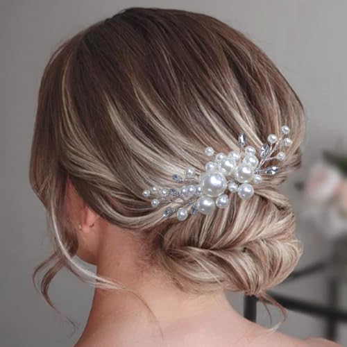 Evild Pearl Hair Accessories Wedding Bride Hair Comb Bridal Hair Pieces for Women (Silver)