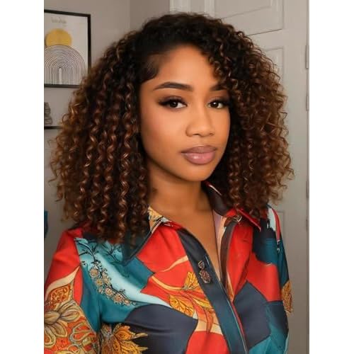 Half Wig Human Hair Glueless Kinky Curly Style 200% Density Ombre Highlight Invisible Hairline Beginner Friendly Seamless Clip Ins Flip Over None Lace Front Wigs (20 Inch)