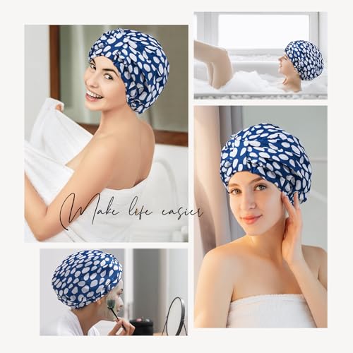 YFONG Reusable Shower Cap for Women, Waterproof & Durable Bath Cap with Double layer Lined, Adjustable Hair Cap for All Hair Lengths, Large Bathing Hat (blue)
