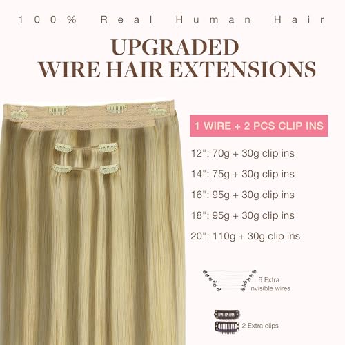 GOO GOO Wire Hair Extensions Human Hair, 16/22 Light Blondewith mix Golden Blonde Highlighted 18inch 125g, Invisible Wire Hair Extensions with Transparent, Seamless Fish Line Hairpiece