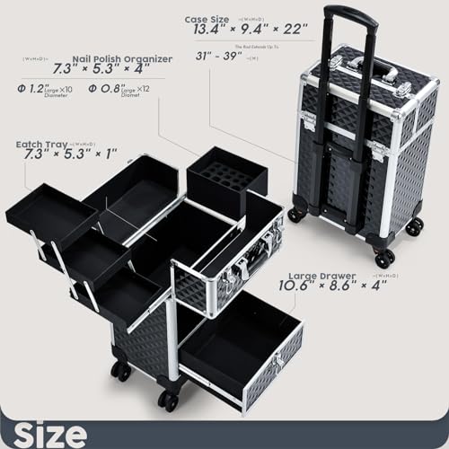 Hododou Rolling Makeup Case Cosmetic Travel Trolley Storage Sliding Drawer 4 Tray Makeup Travel Case with Wheels Salon Barber Case Traveling Cart Trunk for Cosmetologist Nail Tech Hairstylist Black