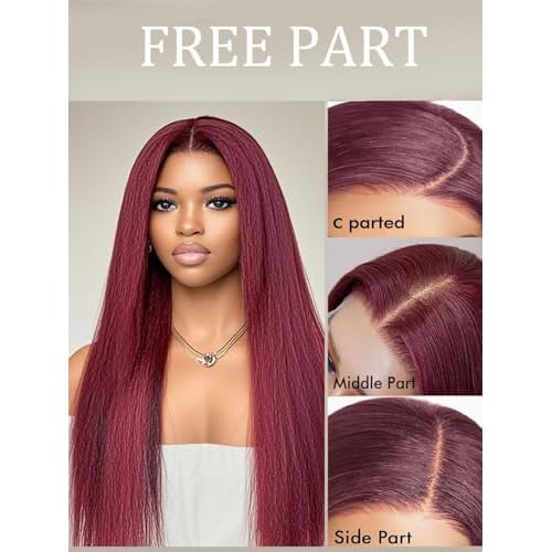 99J Burgundy Kinky Straight Lace Front Wigs Human Hair Yaki Straight Human Hair Wigs for Women Brazilian Remy Hair Wigs Wine Red Colored Pre Plucked with Baby Hair 14 Inch