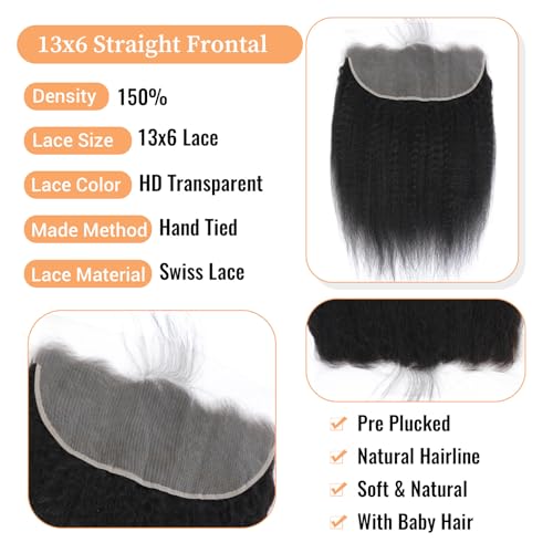 13x6 Lace Frontal Human Hair Kinky Straight 22 Inch HD Transparent Ear to Ear Lace Closure With Baby Hair Free Part 100% Virgin Human Hair Frontal Natural Black