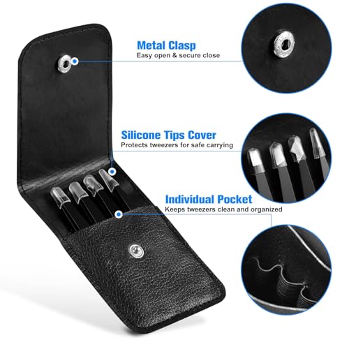 Tweezers for Women Facial Hair, 4Pcs Professional Beauty Tools Stainless Steel Precision Eyebrow Tweezers for Splinter Blackhead and Ingrown Hair Removal, Black