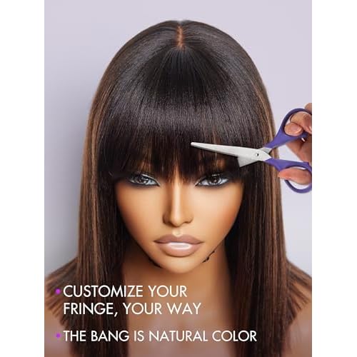 LUVME HAIR 12 Inch Yaki Straight Bob Wig with Bangs Human Hair Glueless HD Lace Bob Wig with Brown Highlights, Ready to Go Short Wigs For Women 180 Density Breathable Cap