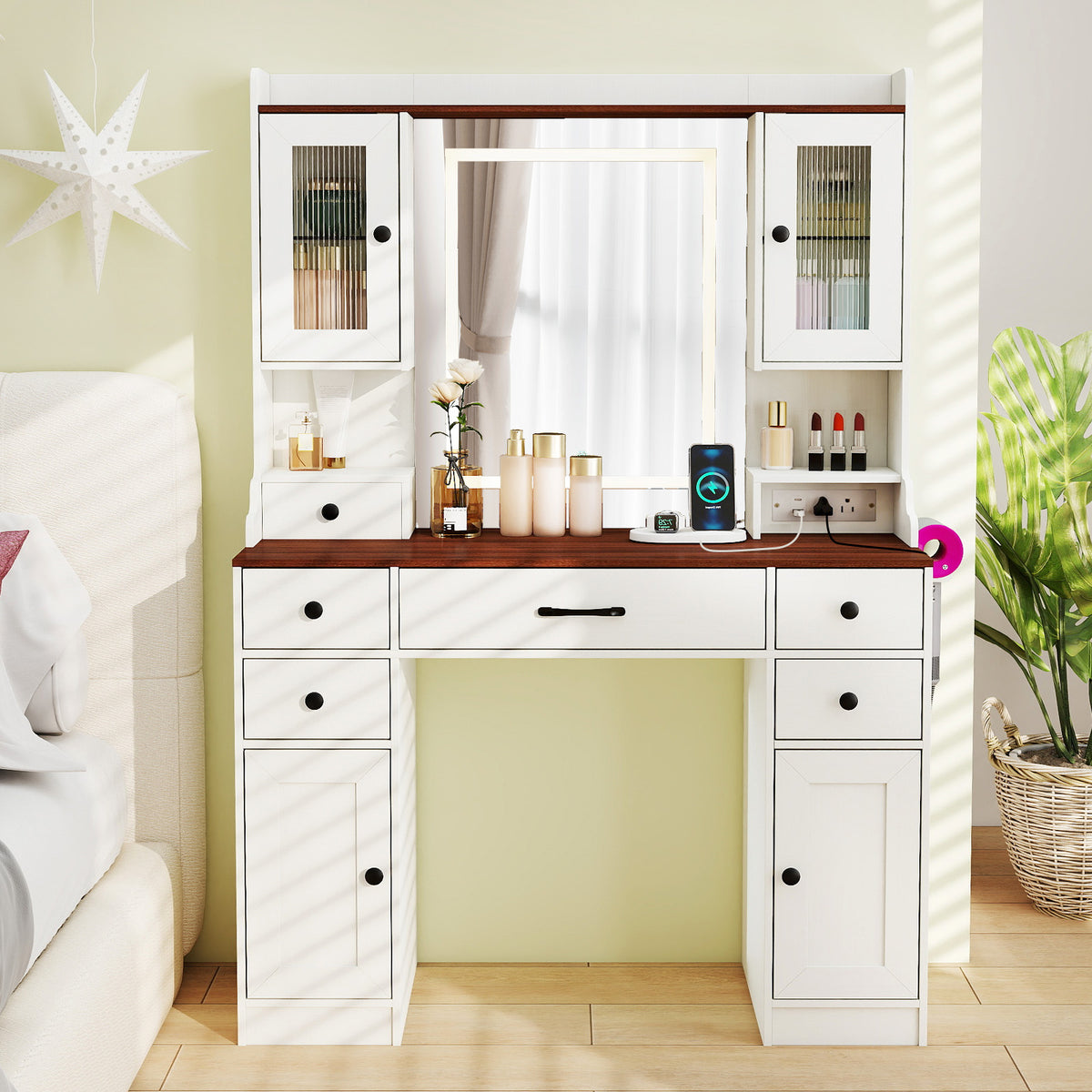 41.5 Inch Makeup Dressing Table with Lighted Mirror and Power Outlets - White