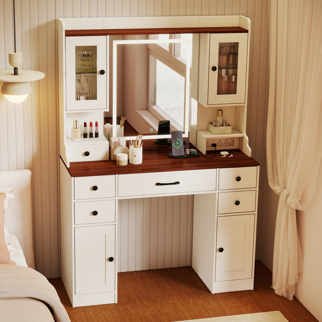 41.5 Inch Makeup Dressing Table with Lighted Mirror and Power Outlets - White
