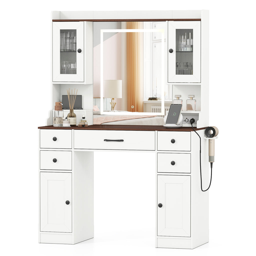 41.5 Inch Makeup Dressing Table with Lighted Mirror and Power Outlets - White