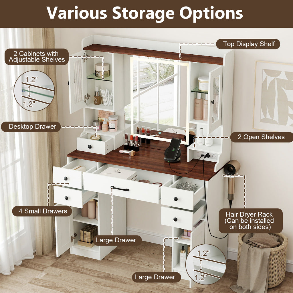 41.5 Inch Makeup Dressing Table with Lighted Mirror and Power Outlets - White