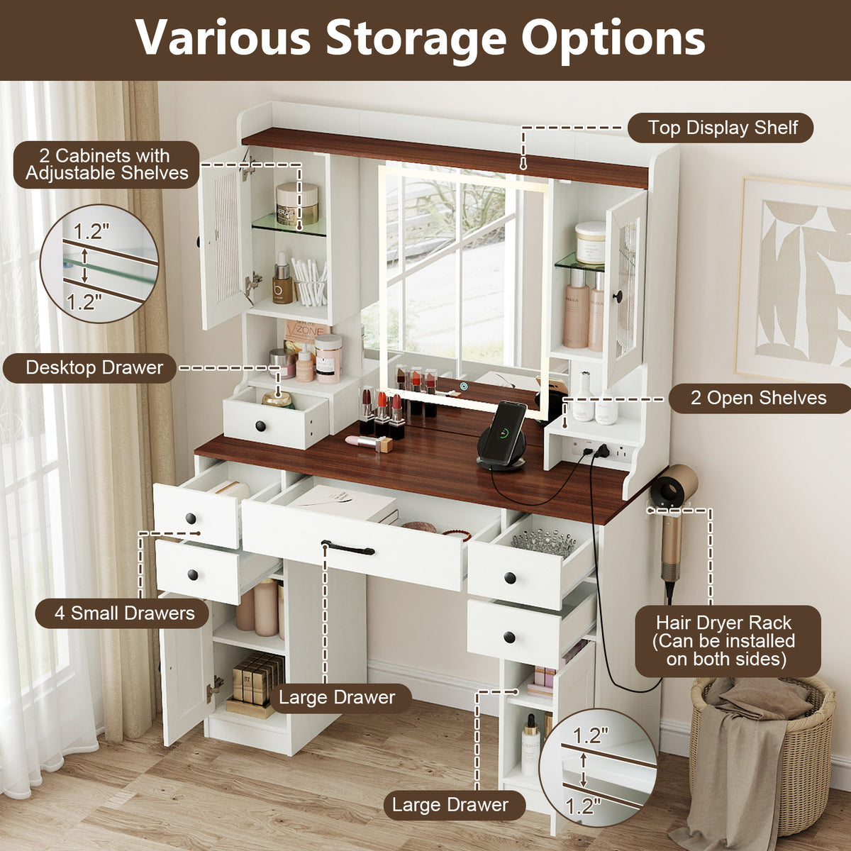 41.5 Inch Makeup Dressing Table with Lighted Mirror and Power Outlets - White