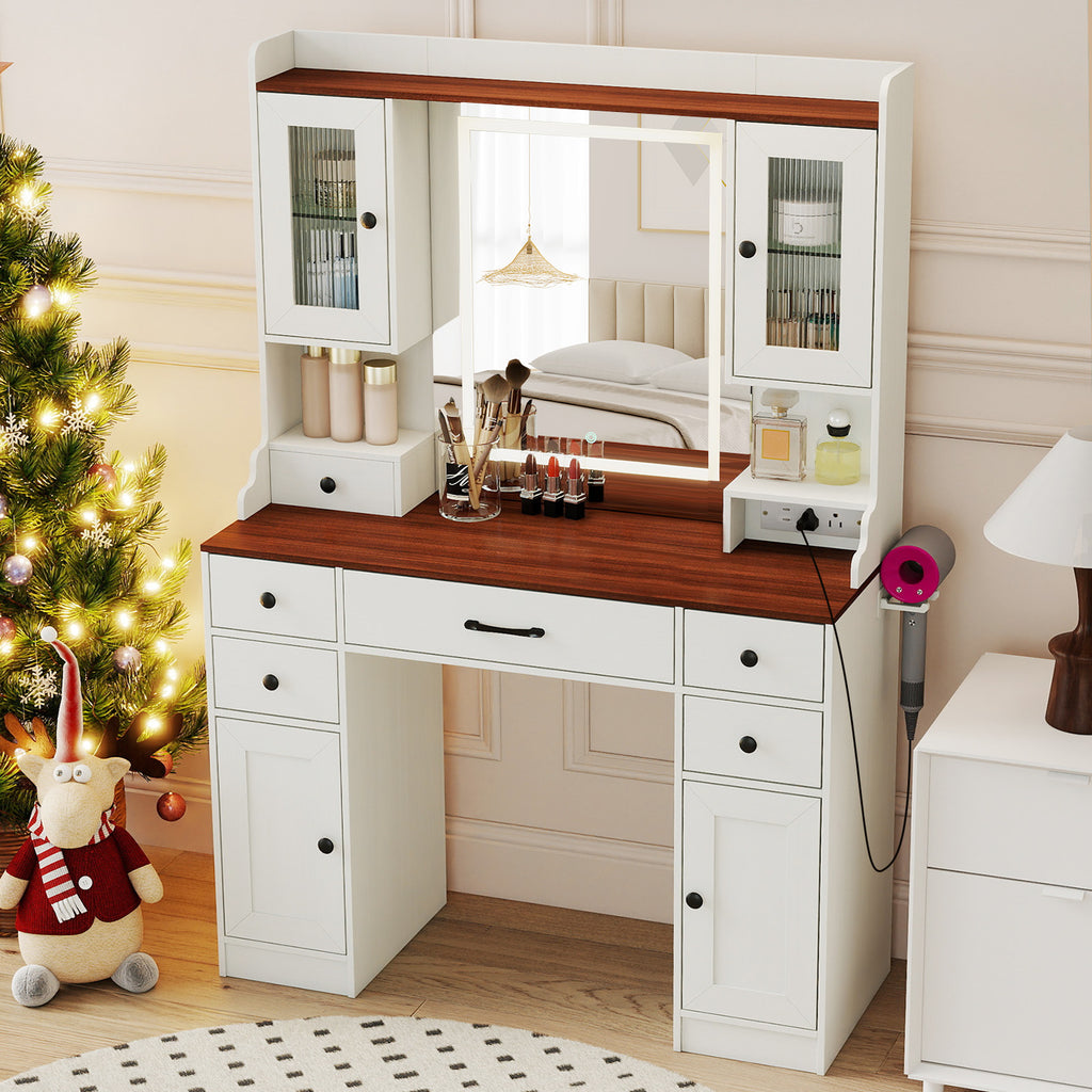 41.5 Inch Makeup Dressing Table with Lighted Mirror and Power Outlets, White