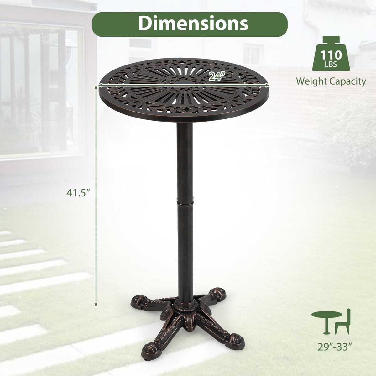 41.5 Inch Patio Round Bar Table Cast Aluminum Bistro for Garden