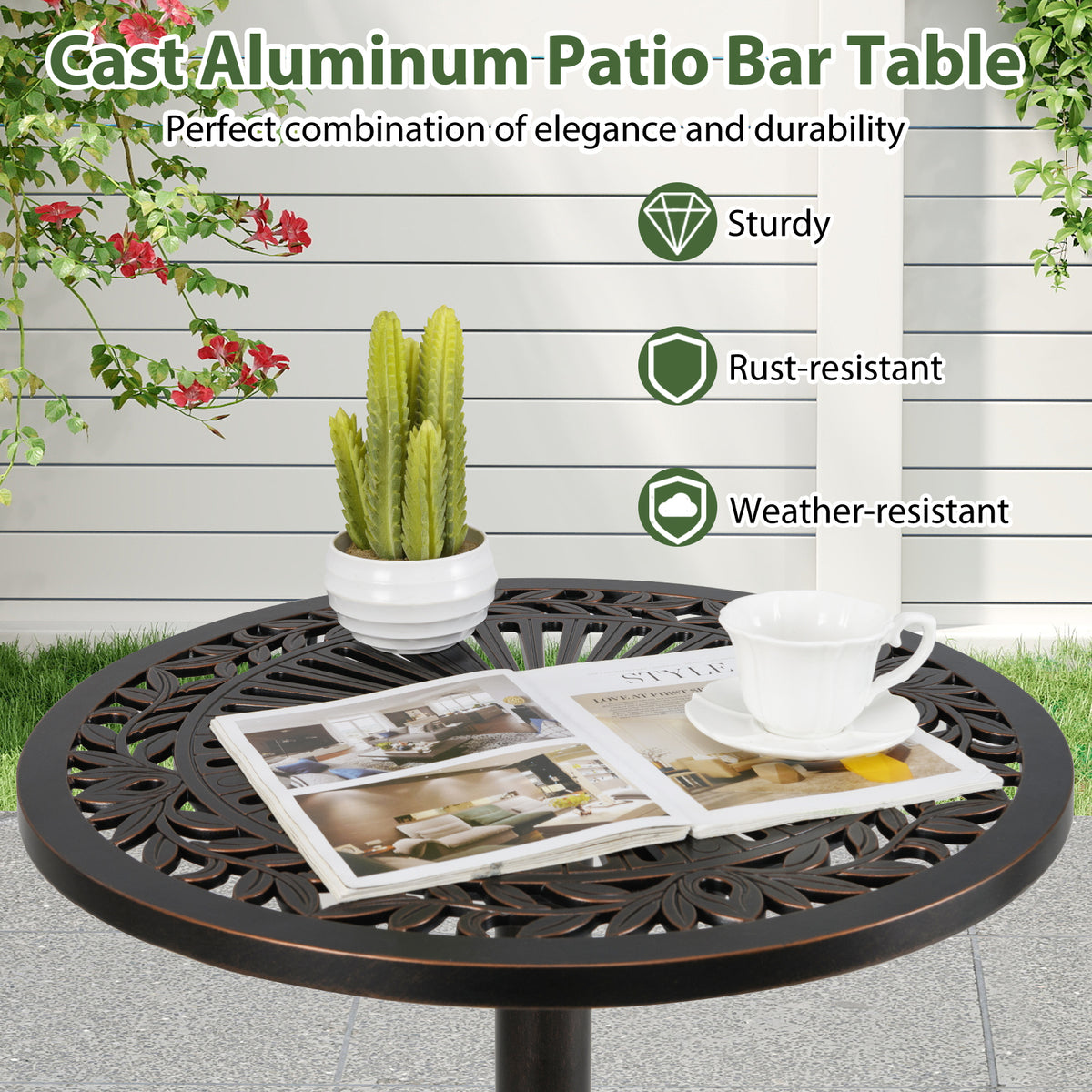 41.5 Inch Patio Round Bar Table Cast Aluminum Bistro for Garden