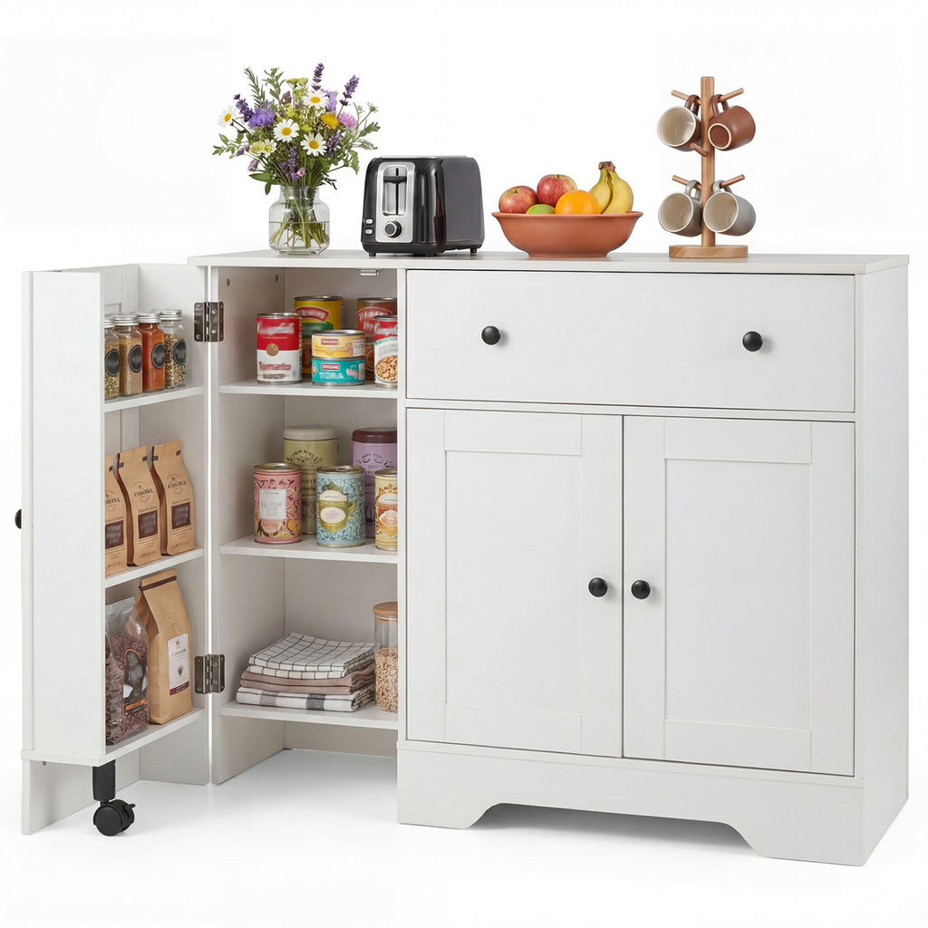 41.5" Modern Coffee Bar Cabinet with Rolling Wheel - White