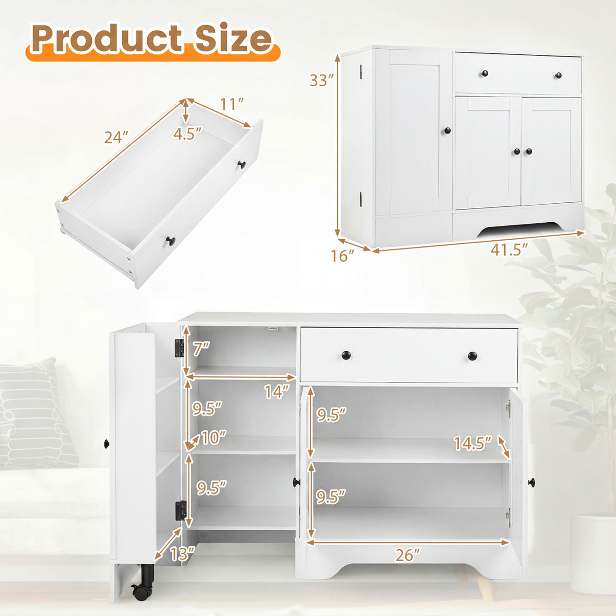 41.5" Modern Coffee Bar Cabinet with Rolling Wheel - White