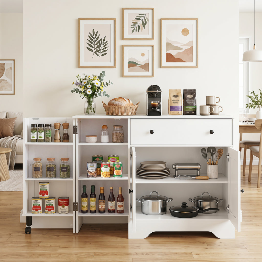 41.5" Modern Coffee Bar Cabinet with Rolling Wheel - White