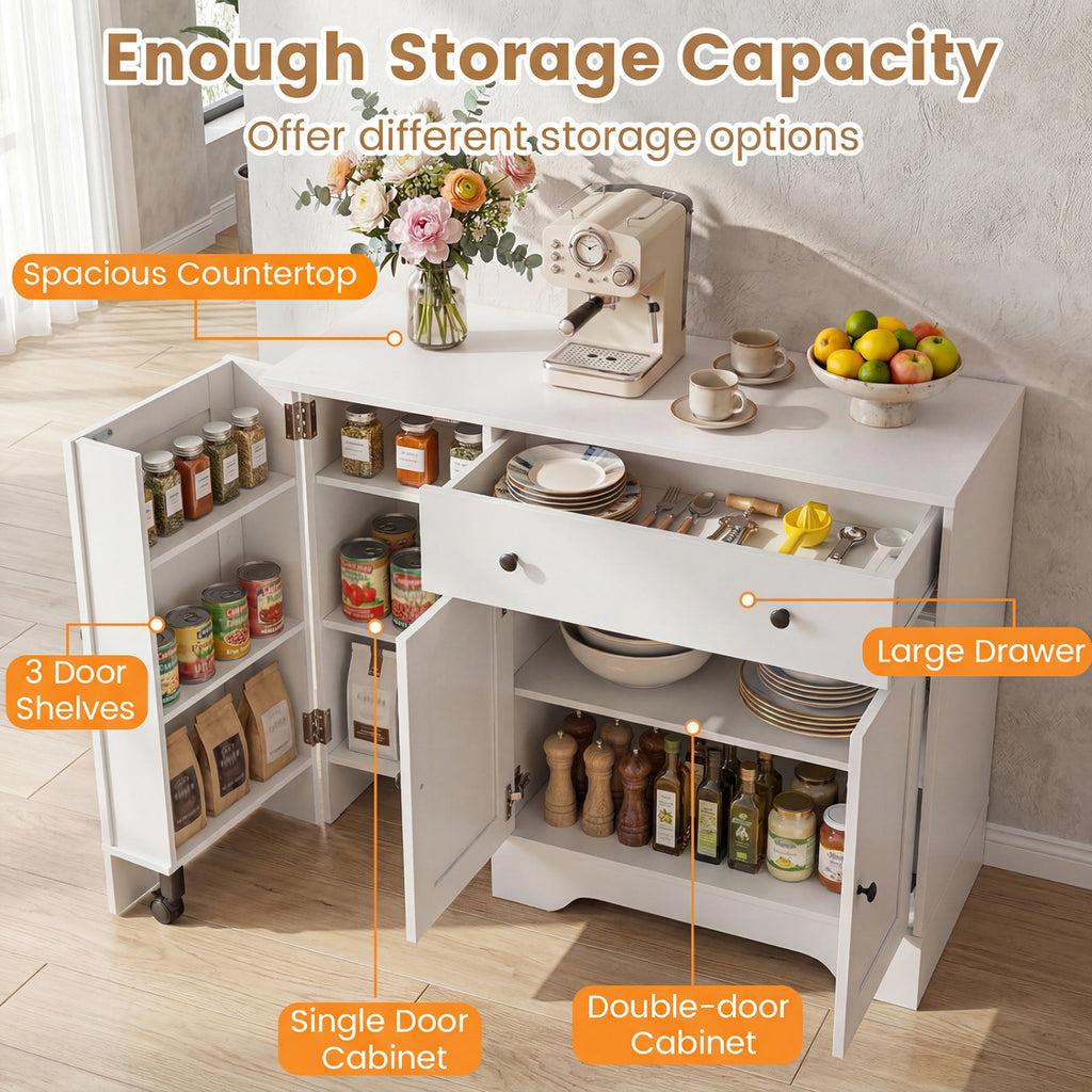41.5" Modern Coffee Bar Cabinet with Rolling Wheel - White