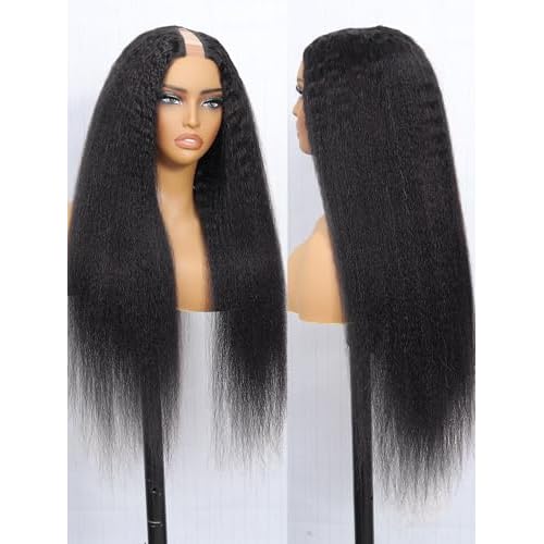 DMKEEP Kinky Straight U Part Human Hair Wig 12A Upgraded Glueless Full Head Clip in U Part Wigs for Women 22 Inch