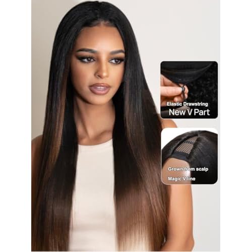 UNICE EasiContour V Part Wigs Human Hair Yaki Straight Glueless Clip in Vpart Human Hair Wig No Sew in No Glue Ombre Chestnut Brown Beginner Friendly 150% Density 20 inch