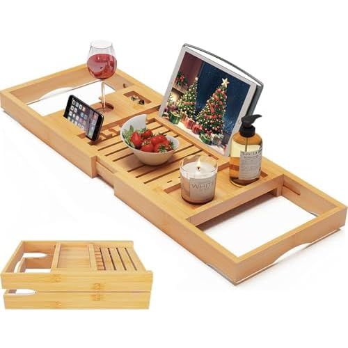 Foldable Bamboo Bathtub Caddy Tray Expandable for Luxury Bath, Bath Accessories & Table with Wine Glass Holder, Book Stand Bathroom Organizer with Extending Sides for Men/Women