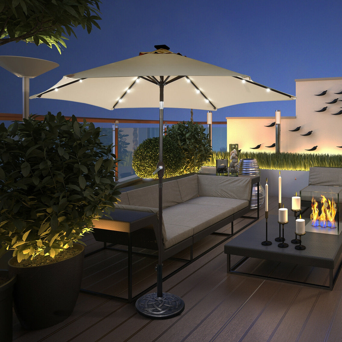 9 x 8 Feet Solar LED Market Umbrella with Tilt & Crank - 18 Lights, Beige