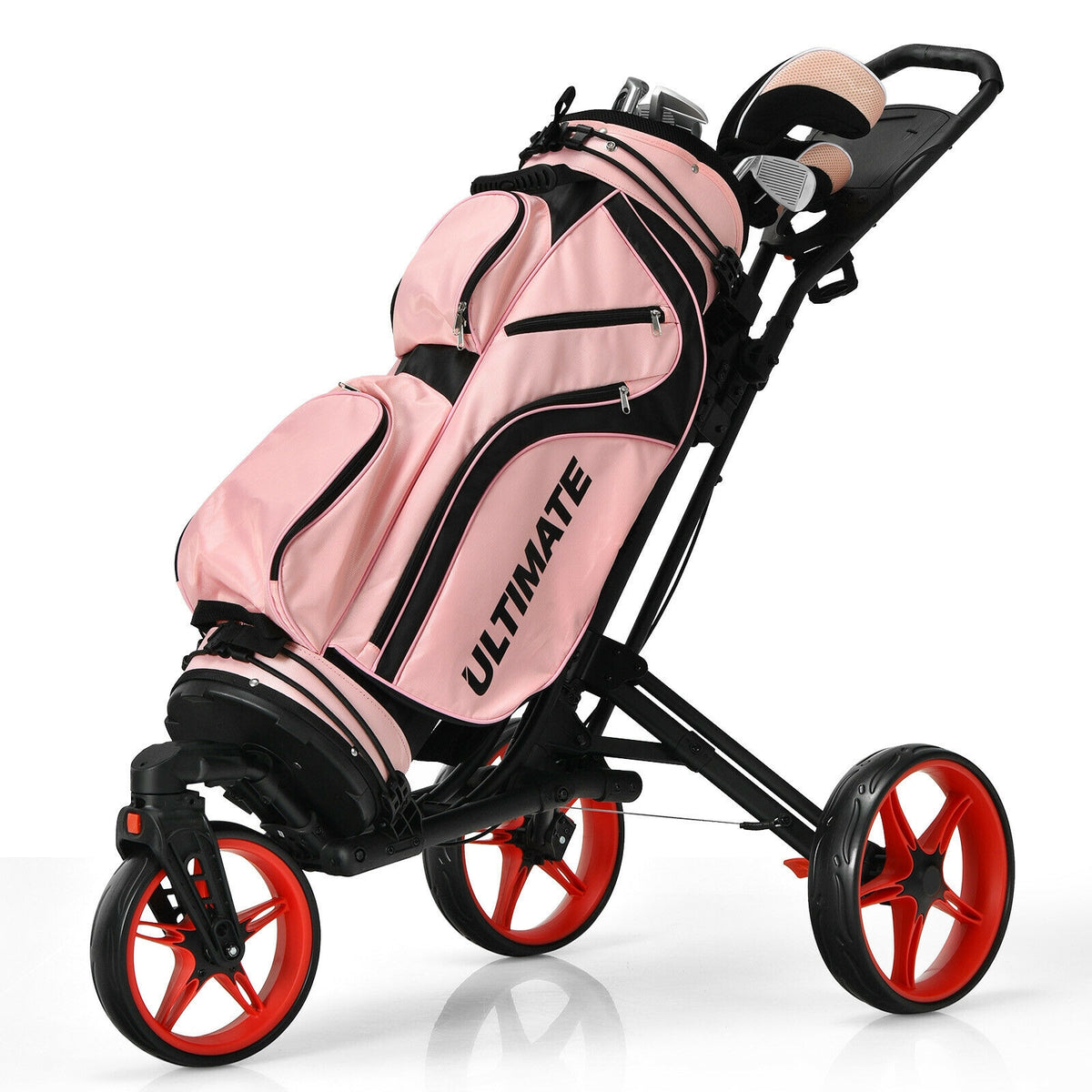 Red 3 Wheel Folding Golf Push Cart with Scoreboard & Adjustable Handle