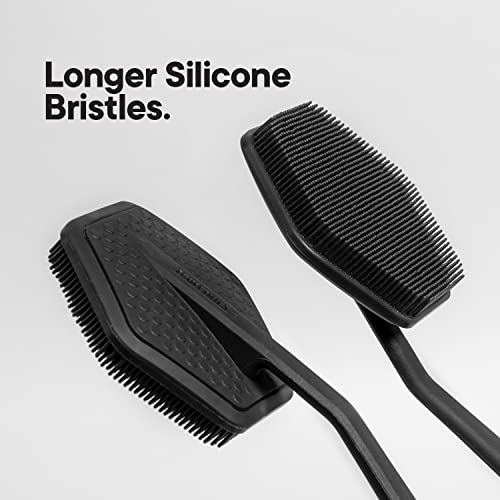 TOOLETRIES Silicone Back Scrubber with Hook - Exfoliating Shower Brush, Back Washer for Men, Durable Back Brush with Long Handle - Long Lasting Bath & Shower Accessories - Charcoal