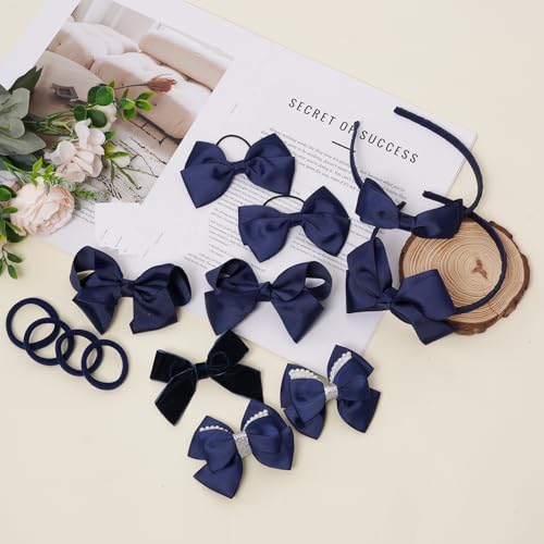 Girl Navy Hair Bow Accessories 14 Pieces Uniform Hair Bows Hair Clips Headband for School Toddler Girls