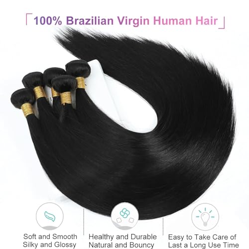Straight Bundles Human Hair 40 inch 100% Unprocessed Brazilian Straight Hair Bundles 12A Remy Virgin Retain the Intact Cuticle, Long Lifespan