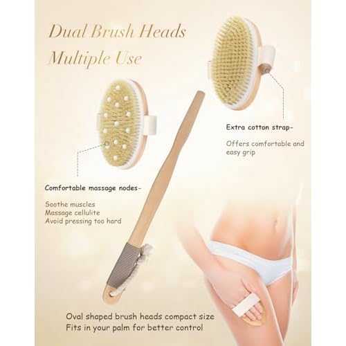 Dry Brushing Body Brush, POPCHOSE Body Scrubber for Men Women, Back Scrubber for Shower, Natural Bristle Exfoliator Scrubber for Body Cellulite and Lymphatic, Long Handle, Detachable, Dual Brush Heads