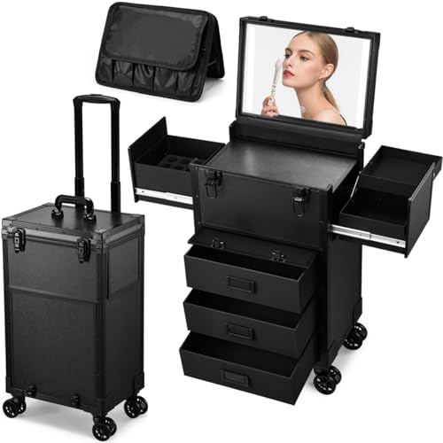Rolling Makeup Case with lighted mirror, Cosmetology Case on Wheels with LED Mirror, Professional Salon Trolley Cart with Drawer,Travel Makeup Lockable Beauty Organizer with Live Stream Light