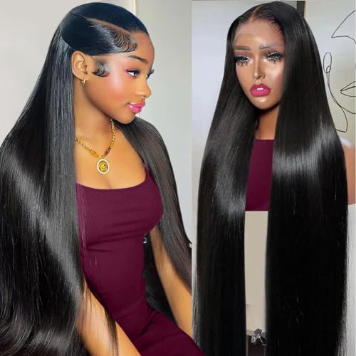 30 Inch Lace Front Wigs Human Hair 200 Density 13x4 HD Lace Front Wigs Human Hair Pre Plucked Glueless Wigs Human Hair for Women Straight Lace Frontal Wigs Natural Color, Black