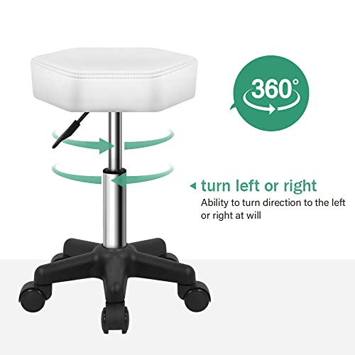 FURWOO Hexagon Rolling Stool Height Adjustable Stool with Wheels for Spa Salon Massage White