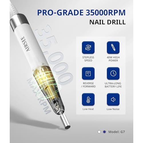 AIRSEE Updated Professional Nail Drill,Rechargeable Cordless Efile Machine for Acrylic Extension Gel Dip Powder Powerful Portable Efile 56 Sanding Bands 7 Bits,Low Noise Low Heat,G7 White