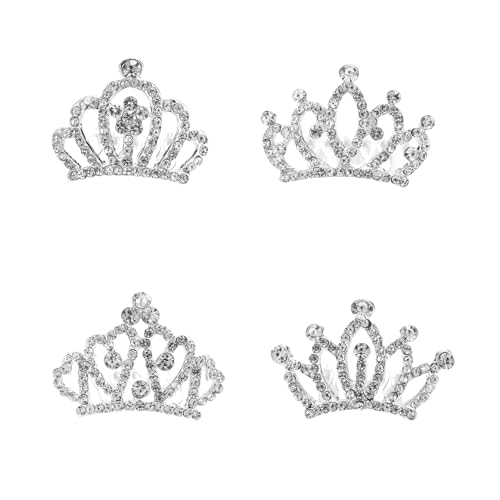 4pcs Crown with Blingbling Crown Hair Clip, 01-Silver