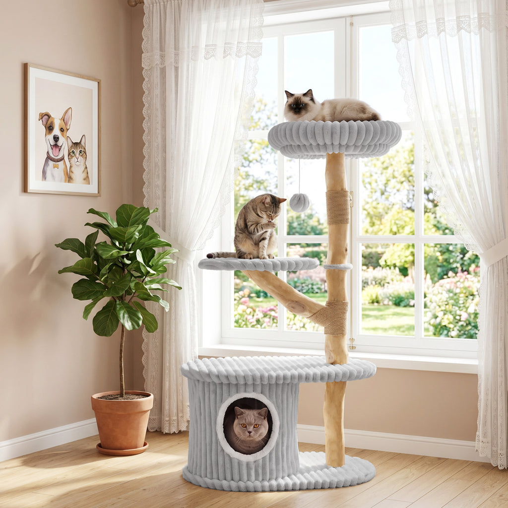 Gray 41 Inch Modern Cat Tower with Real Wood Branches, Scratching Posts & Cozy Condo