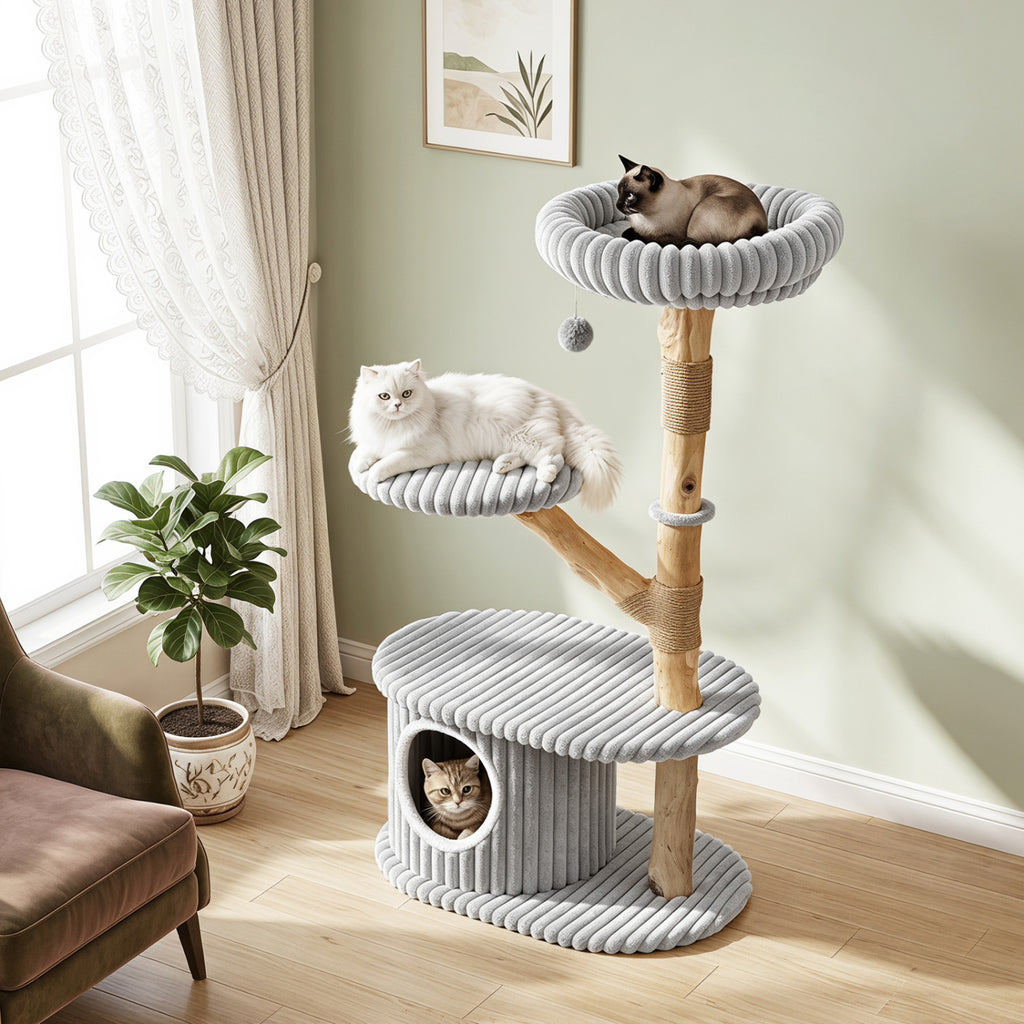 Gray 41 Inch Modern Cat Tower with Real Wood Branches, Scratching Posts & Cozy Condo
