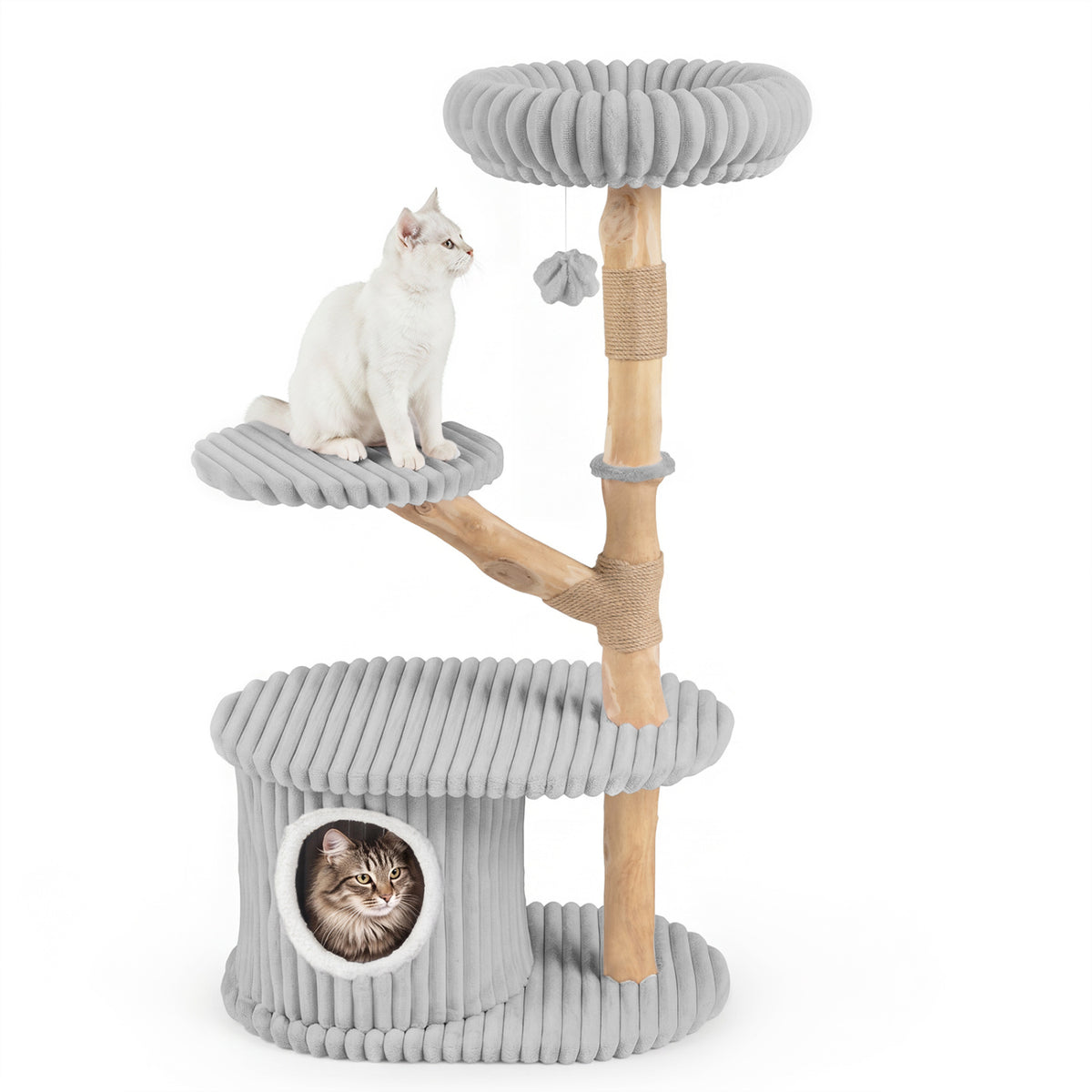 Gray 41 Inch Modern Cat Tower with Real Wood Branches, Scratching Posts & Cozy Condo
