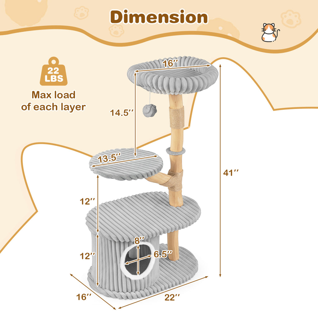 Gray 41 Inch Modern Cat Tower with Real Wood Branches, Scratching Posts & Cozy Condo
