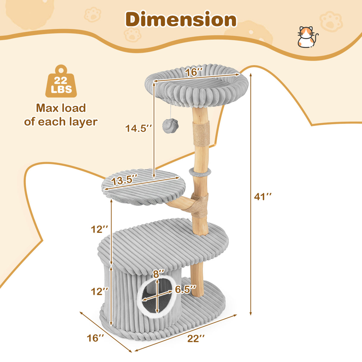 Gray 41 Inch Modern Cat Tower with Real Wood Branches, Scratching Posts & Cozy Condo
