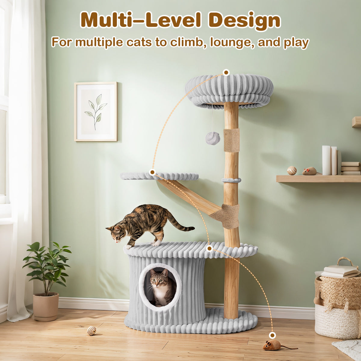 Gray 41 Inch Modern Cat Tower with Real Wood Branches, Scratching Posts & Cozy Condo