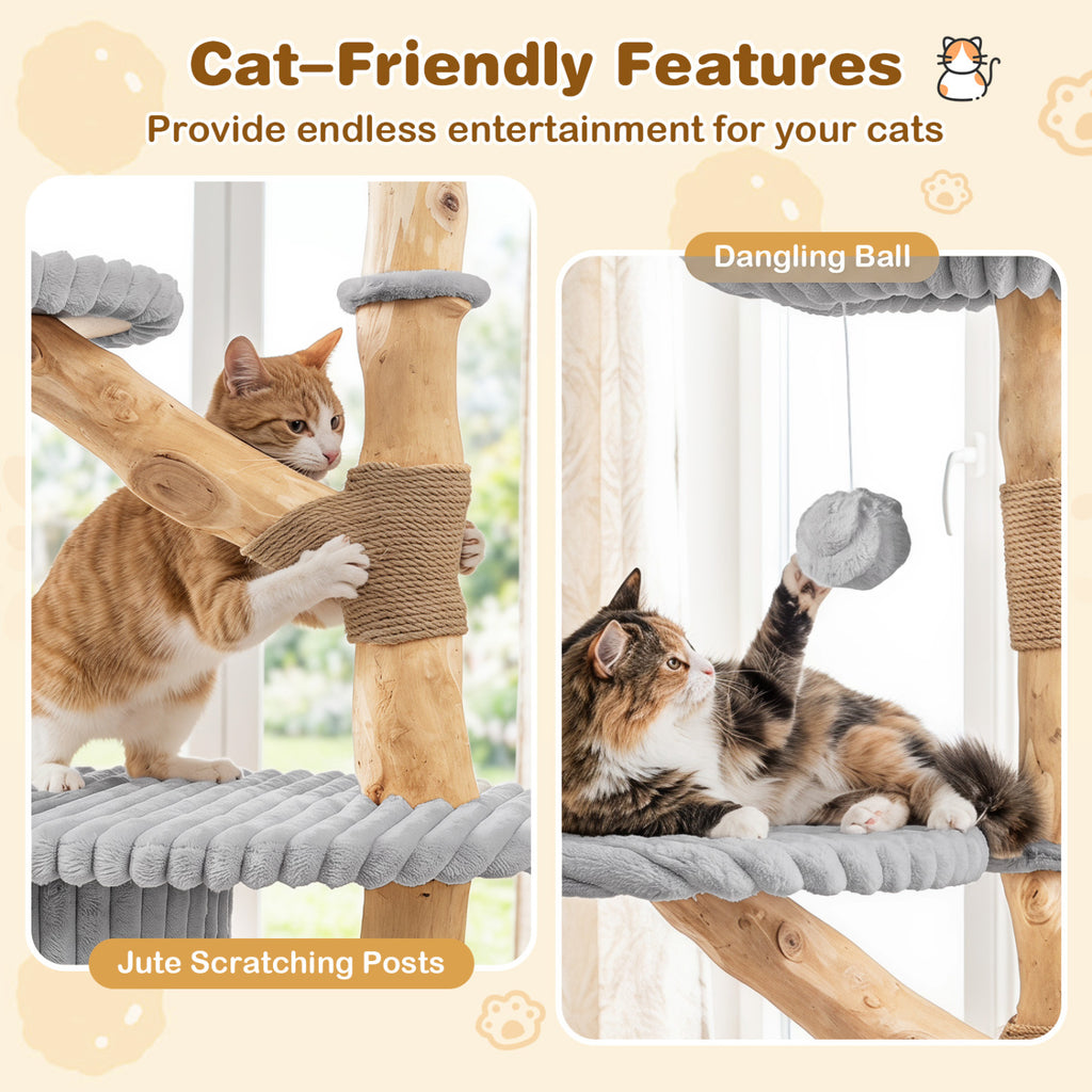 Gray 41 Inch Modern Cat Tower with Real Wood Branches, Scratching Posts & Cozy Condo