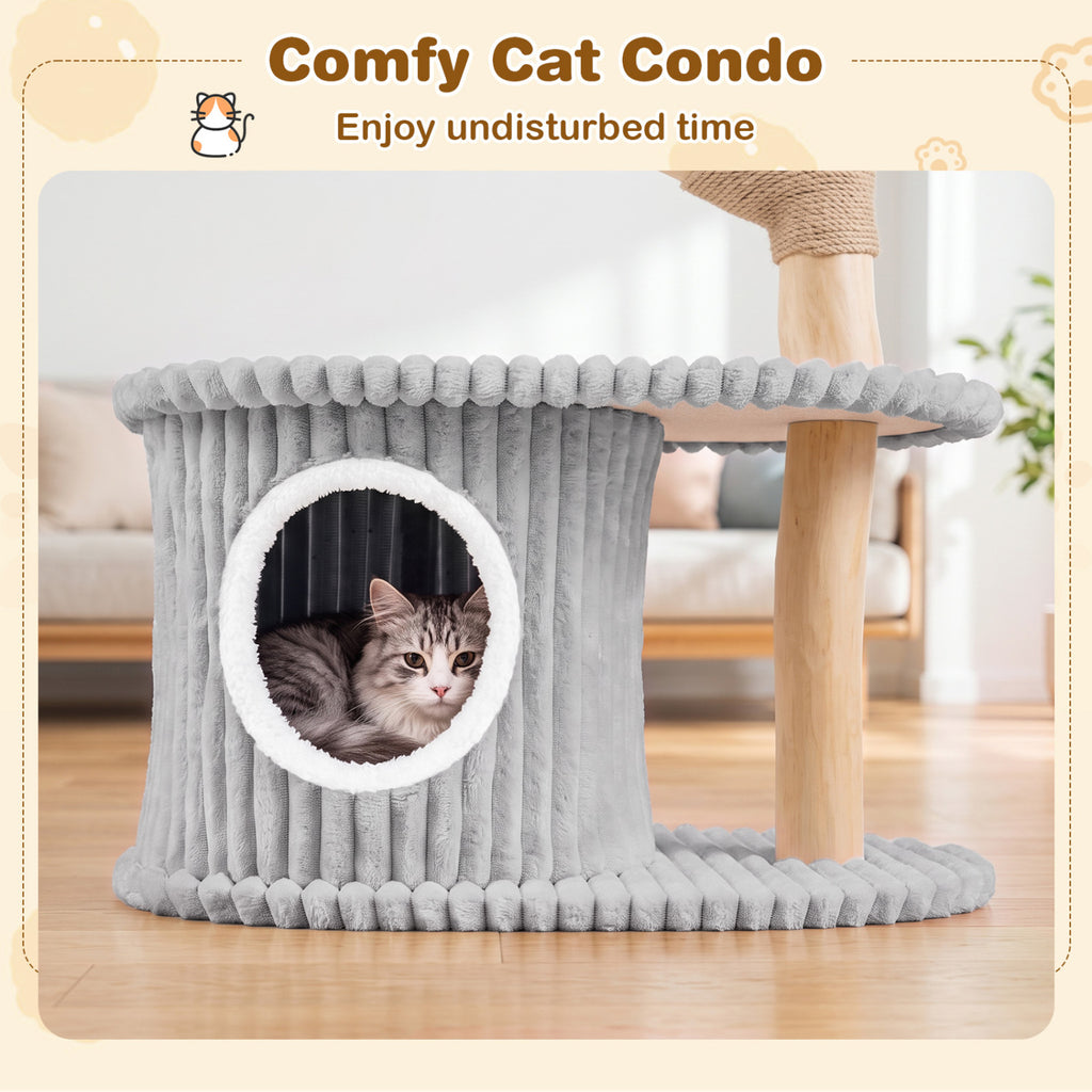 Gray 41 Inch Modern Cat Tower with Real Wood Branches, Scratching Posts & Cozy Condo
