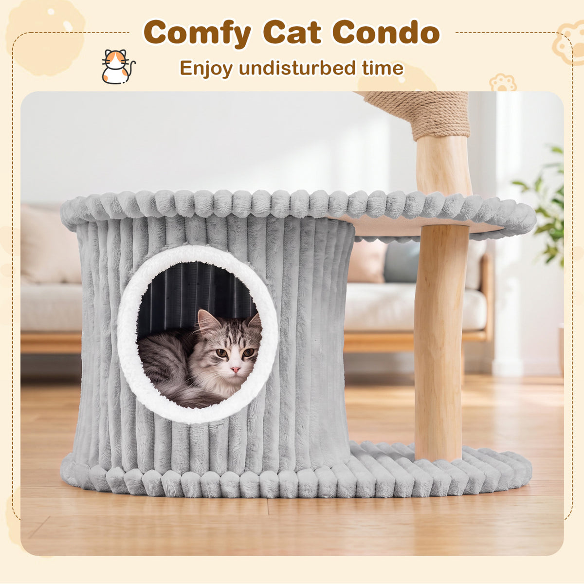 Gray 41 Inch Modern Cat Tower with Real Wood Branches, Scratching Posts & Cozy Condo
