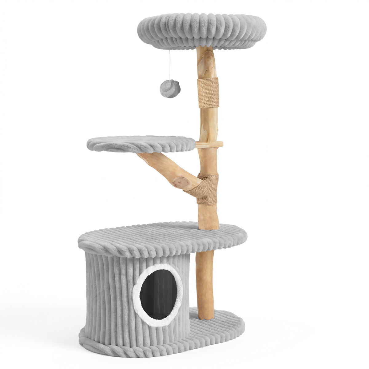 Gray 41 Inch Modern Cat Tower with Real Wood Branches, Scratching Posts & Cozy Condo